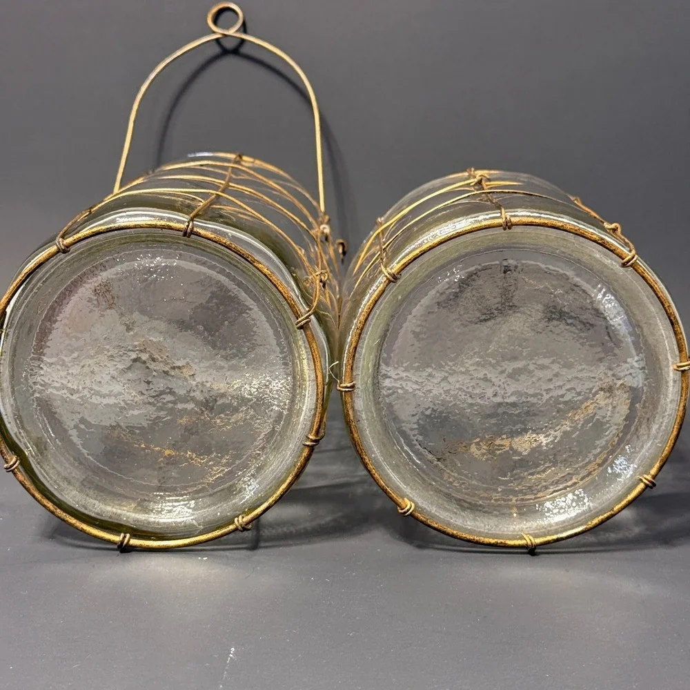 Rustic Wire Cage Glass Cylinder Vases Set of 2 Hurricane Candle Holders Gold